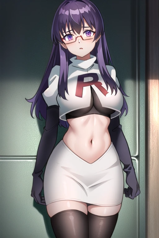 (extremely detailed CG unity 4k wallpaper),(masterpiece),(best quality),(ultra-detailed),(best illustration),(best shadow),(absurdres),(detailed background), Sheele, 1girl, solo, purple hair, glasses, breasts, long hair, purple eyes, large breasts, medium breasts, team rocket,team rocket uniform,white skirt,red letter R,crop top,black thigh-highs,black elbow gloves,,outdoors, 