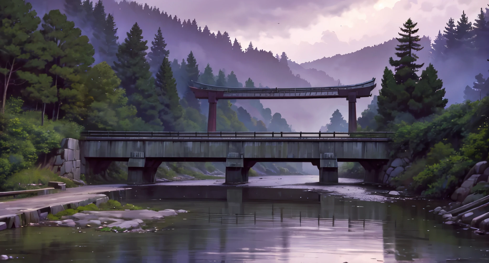 The year is 1980 in Japan.
The Yasohachi Bridge is a large stone commercial bridge in the mountains of Koinokuchi Canyon. It connects two forested roads and allows cars to cross over a deep fall including a small river.
The area beneath the bridge is easily accessible, walking across the bridge is possible as well using the railed off walkways on one side. The area underneath the bridge is a forest area with heavenly dense trees, reflecting the entire canyon.
Close View from the Bridge Gate.
Rainy Sky. Raindrops falling.
(Daytime) ((Light Grey Purple Sky)) (GREY)
(No humans) (No People) (No Citizen) (No Pedestrians)
High Quality,
UHD Quality,
2k,
4K Resolution,
8K Resolution,