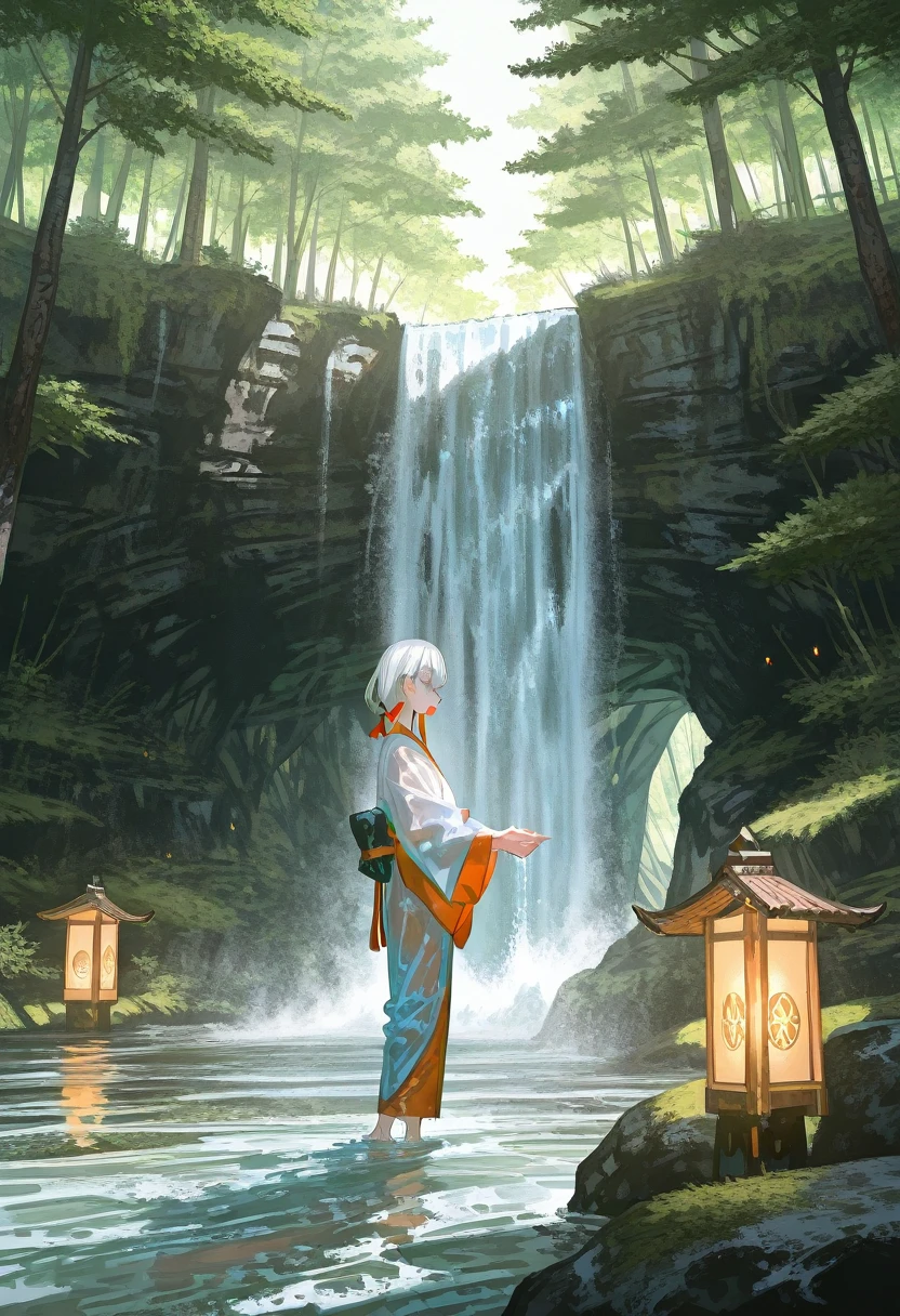 (artist:onineko:0.8), artist:hito komoru, (artist:quasarcake:1.1), masterpiece, best quality, highres, absurdres, serene and spiritual theme, dynamic_angle.

A white-haired girl standing beneath a flowing waterfall, meditating with hands pressed together in a prayer position. She is wearing a traditional white Japanese monk robe (shiro shozoku) with intricate patterns, wet from the cascading water, clinging softly to the fabric. Her expression is calm and focused, radiating a sense of peace and discipline, wet skin, wet clothes, 

Background details: a lush forest surrounds the waterfall, with moss-covered rocks and soft mist rising from the water. The waterfall is illuminated by soft sunlight filtering through the trees, creating a gentle glow. A small wooden bridge and lanterns are visible in the distance, adding to the spiritual atmosphere.,

BREAK A focused, close-up shot of the girl under the waterfall, water droplets glistening on her face and hair, with the serene environment emphasizing the harmony of nature and meditation.