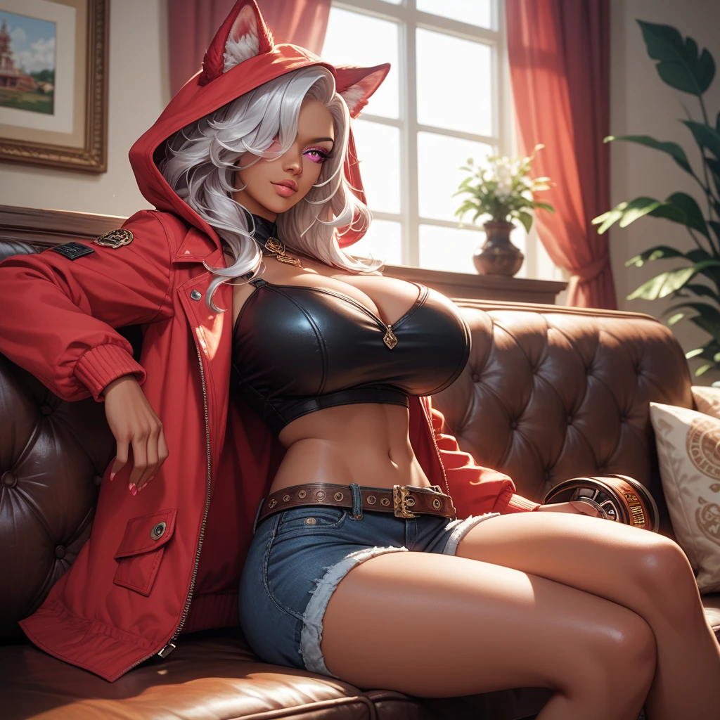 (masterpiece:1.2, Best Quality:1.2), 32K HDR, High resolution, Cowboy Shot, Solo, 1girl in, (Mariah \(jojo\), Dark skin, dark skinned female, deadpan, tanned skin:1.15, hoods:1.15, wine red hood, mini Skirt, black skirt, leather skirt, pantyhose, exposed Midriff, Jewelry, earrings, Sunglasses on the head), (ultra gigantic tits, ultra gigantic tits, SuperHuge boobs, ultra huge cleavage), abandoned houses, Indoors, (Tongue out:1.55, long tongue:1.55, squat down, Show me your sexy armpits:1.3, Exposed shaved armpits:1.3), Detailed face, Detailed eyes, Detailed skin texture, realistic tongue,