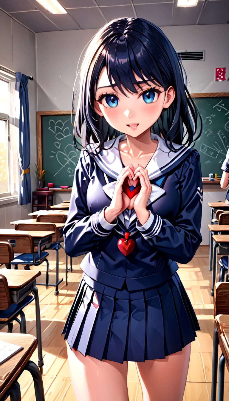 score_9,score_8_up,score_7_up,score_6_up,score_5_up,score_4_up,((Excellent,Good,Best Quality)),(Illustration),(Very Detailed),8K,Wallpaper,One Woman,Shy Face,Shame on Face,((High  Girl)),(((Heart Shaped Hands))),Random Hairstyle,Random Pose,Beautiful Woman's Hands,((Pop Style)),Detailed,((Better Hands)),(((In Classroom))),((Sailor Suit and Pleated Skirt)),Leaning Forward,Inward Knees,Face Enduring Pain