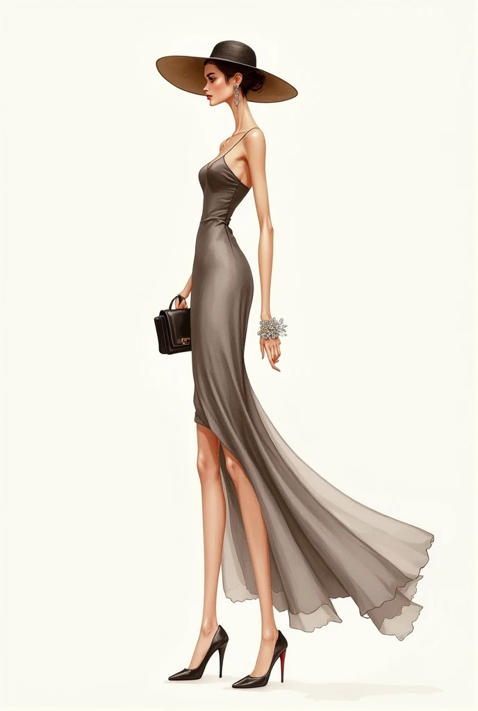 Create me a picture of a young woman in a green long dress which is the dicoltw concrete with shoulder length black hair green eyes and a black little dog