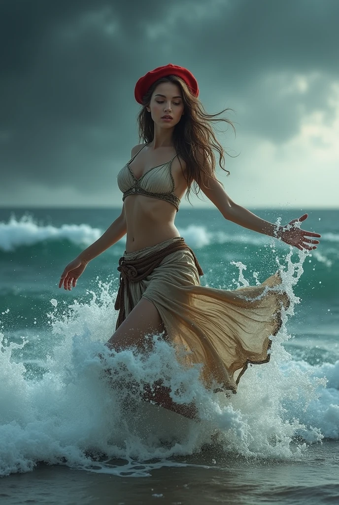 full body photo, hyper realistic. A hyper beautiful Mermaid woman from Asia, 20 years old, jumping high with a white dolphin, earthy face. on his shoulders he carries a brown jug bearing the words "AQUARIUS" and pours water from the jug, ocean in the background. effect of water droplets on the body. hyper perfect proportional body. glass clothes. photo taken with a wide view. the photo looks very original and dramatic. hyperrealistic, cinematic, photorealistic, ultra HD, detailed