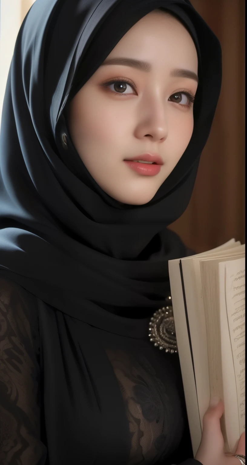 Korean girl, beautiful girl in hijab, 1 girl, perfect face, expressive eyes, makeup, eyeshadow, eyeliner, luxurious hijab, patterned hijab, hijab decoration, brooch, shiny lips, in the library, read a book,