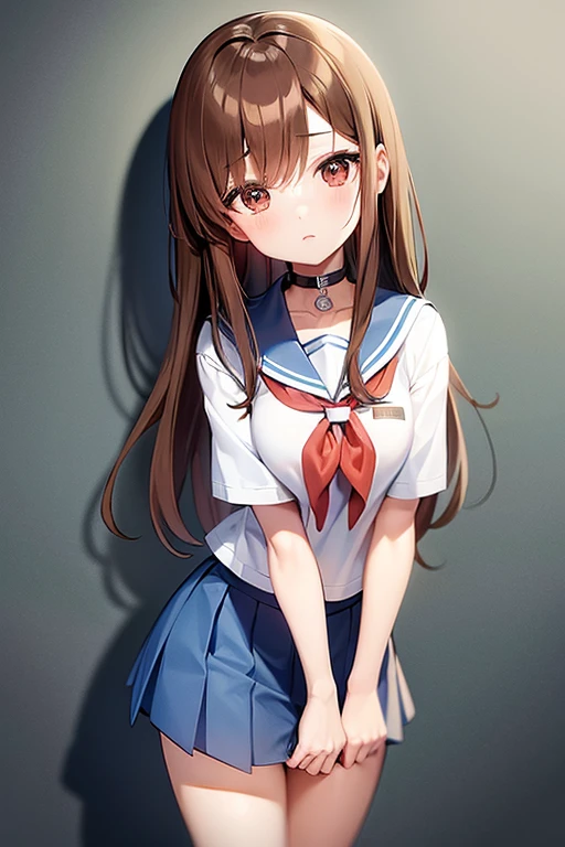 Takagi wearing white sailor shirt and blue skirt and choker, brown hair, brown eyes, emo, eye shadow, busty, thighs