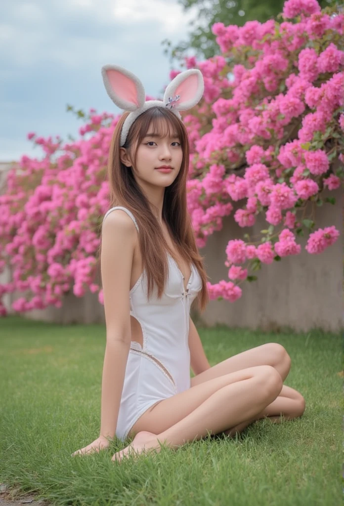 A photography of thai woman 18 years old wearing , White Bodysuit,Rabbit Ear Headband , sitting on a short lawn, ,The back is a full pink flower on the back.,Like a fairy tale ,The sky is cloudy.,bright, mood, atmosphere, photography, full body image