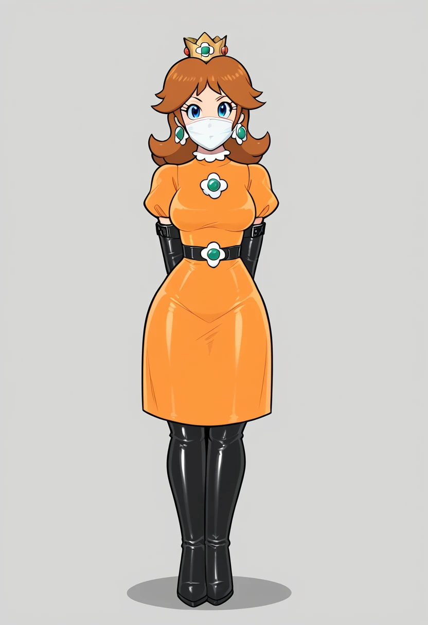 score_9, score_8_up, score_7_up, 1girl, ( (Daisy, princess Daisy from super mario lore, princess Daisy, orange long dress, wearing orange dress, crown), (front view), perfect proportions, simple background, standing, , bound arms, arms behind back, full body, otn gag,  tight mask, wrap mask, black mask, (armbinder: 1.3),  ) 