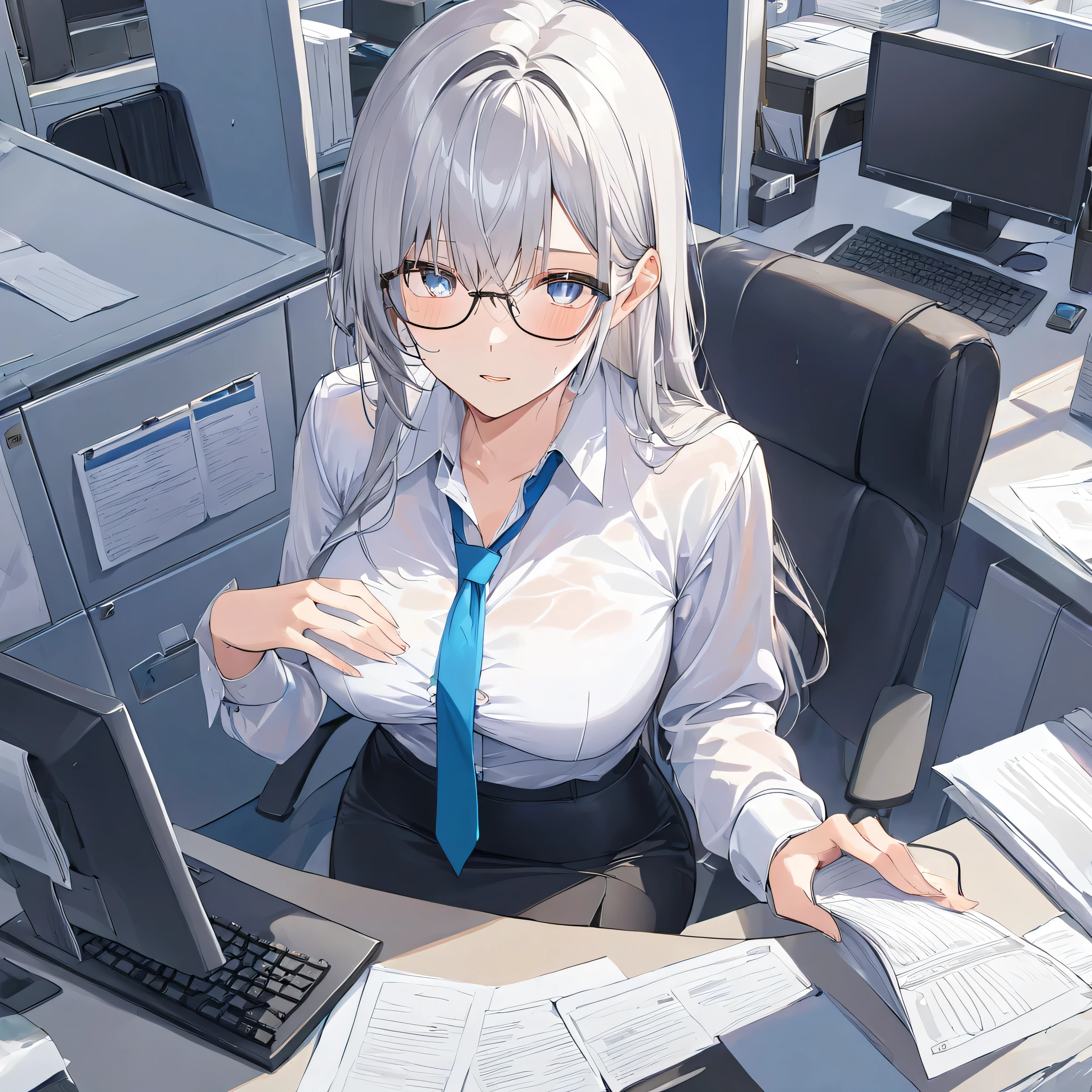 Masterpiece, Very detailed, Best quality, Ultra-detailed, anime style. One tall beautiful office woman, long silver hair, stunning blue and gold eyes, her iris's are a brilliant blue with golden rings around her pupils ,wearing glasses, wearing a sweat-soaked white button up shirt, her shirt is transparent, her black bra is visible from under her shirt, wearing a loose tie, wearing black pencil skirt with silk black tights, very tall, large breasts, she is sitting in an office cubicle and typing a document, she is blushing a lot, she is very hot and sweaty, she is exhausted.\