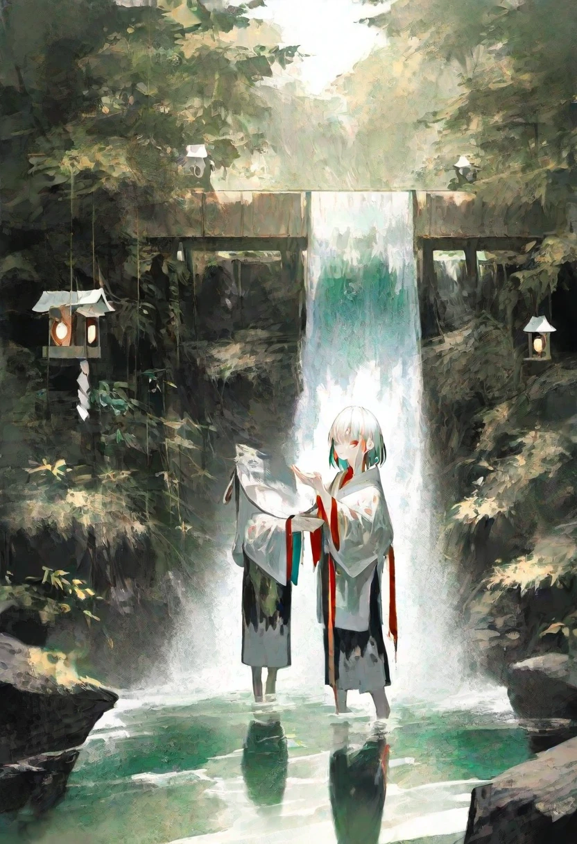 (artist:onineko:0.8), artist:hito komoru, (artist:quasarcake:1.1), masterpiece, best quality, highres, absurdres, serene and spiritual theme, dynamic_angle.

(((A white-haired girl standing beneath a flowing waterfall))), meditating with hands pressed together in a prayer position. (She is wearing a traditional white Japanese monk robe (shiro shozoku)), wet from the cascading water, clinging softly to the fabric. Her expression is calm and focused, radiating a sense of peace and discipline, wet skin, wet clothes, 

[[Background details: a lush forest surrounds the waterfall, with moss-covered rocks and soft mist rising from the water. The waterfall is illuminated by soft sunlight filtering through the trees, creating a gentle glow. A small wooden bridge and lanterns are visible in the distance, adding to the spiritual atmosphere.]],

BREAK A focused, close-up shot of the girl under the waterfall, eye closed, water droplets glistening on her face and hair, with the serene environment emphasizing the harmony of nature and meditation.