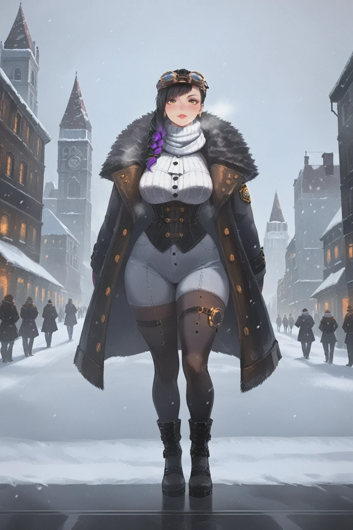 score_9, score_6_up, score_5_up, score_4_up, rating_safe, [background](whiteout snowstorm Victorian city),
 [environment](snow, snowstorm, whiteout snow), 
[style](frost punk, Steampunk, frostpunkfaction, stalwart, frost punk, Steampunk, frostpunk, frostpunkfaction), 1girl, asian girl, heavy fur coat, high collar, stalwart, frostpunk, frostpunkfaction, snow, snowstorm, frostpunk city, portable generator, brass goggles, white scarf, detailed face, gorgeous lips,  green eyes, large breasts, huge ass, very curvy, thick thighs, plump,  black hair,  purple gradient hair,  long hair,  30 years old, bangs, outdoors, in the Victorian city, light frown, median furrow, 