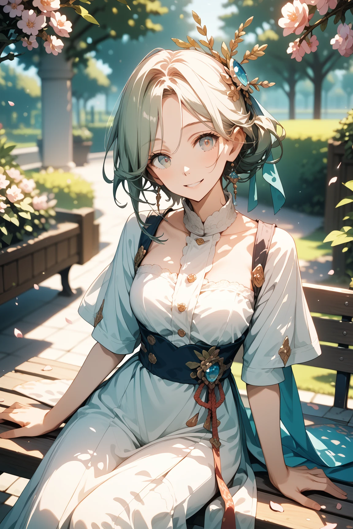 (score_9, score_8_up, score_7_up), source_anime, masterpiece,best quality,highres,absurdres, cute 1girl, light smile, sitting on bench in garden,fashionable, trendy outfit,hair ornament,(dappled sunlight:1.2),blurry,(depth of field:1.1),head tilt,(fluttering petals),tree,