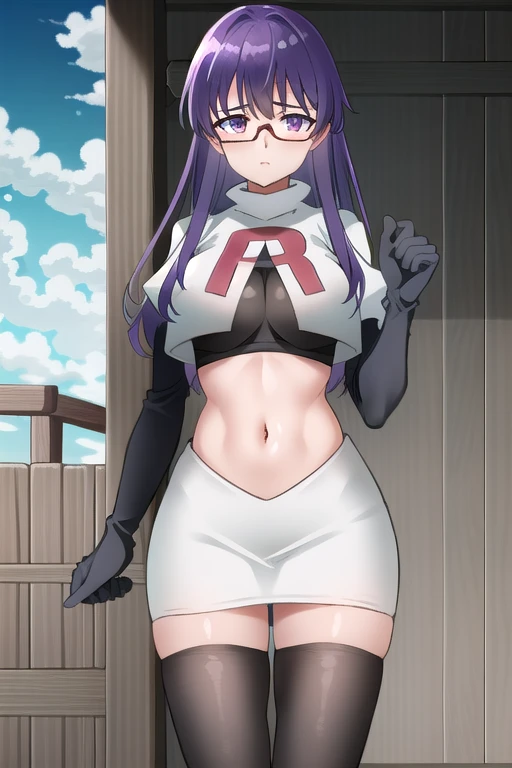 (extremely detailed CG unity 4k wallpaper),(masterpiece),(best quality),(ultra-detailed),(best illustration),(best shadow),(absurdres),(detailed background), Sheele, 1girl, solo, purple hair, glasses, breasts, long hair, purple eyes, large breasts, medium breasts, team rocket,team rocket uniform,white skirt,red letter R,crop top,black thigh-highs,black elbow gloves,,outdoors, 