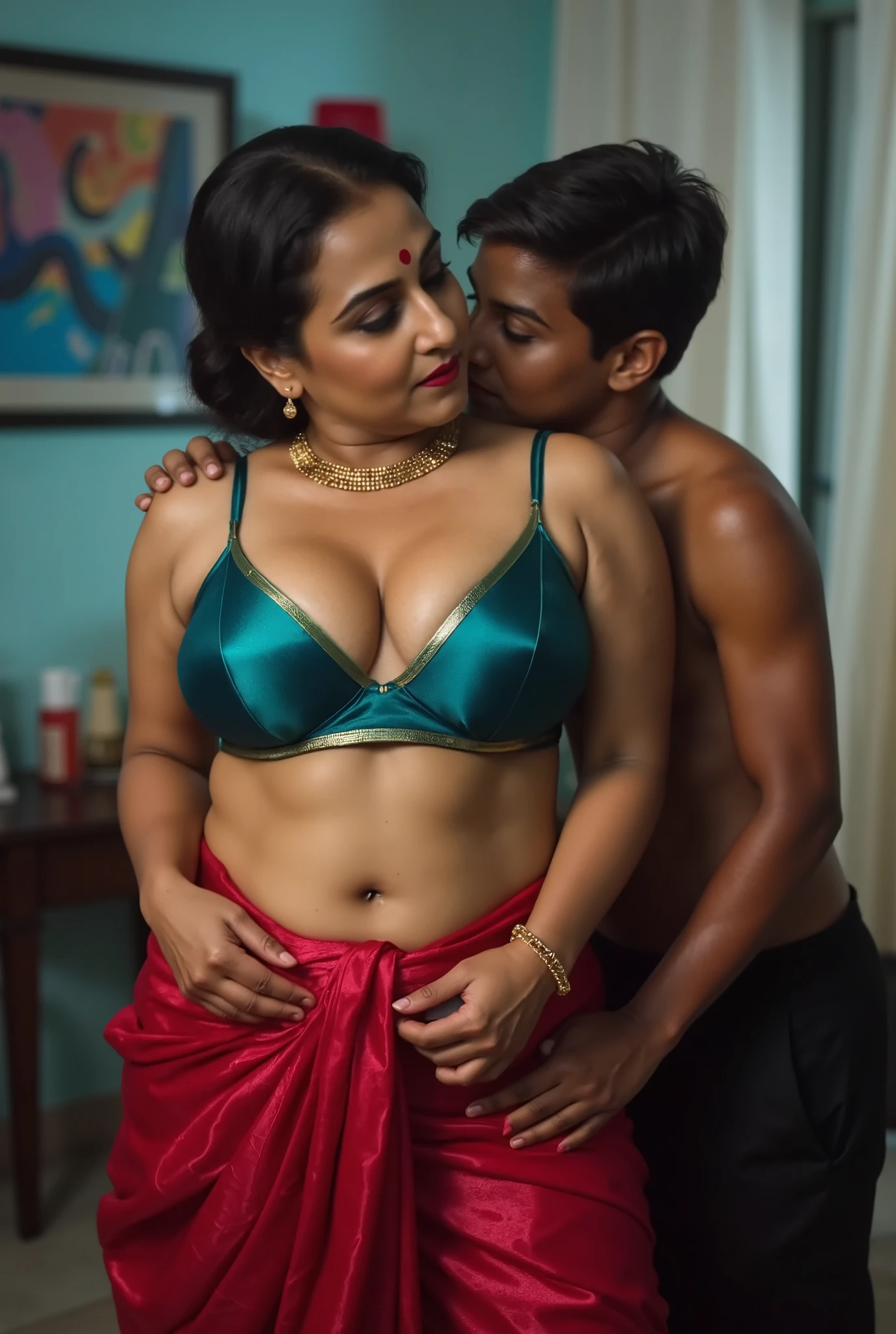 The image is a high-resolution photograph featuring an intimate, indoor scene with two people. The subject is a middle-aged woman, likely of Indian descent, with a medium skin tone, and a well-defined facial structure. She is dressed in traditional Indian attire, wearing a teal shiny silk sleevless deep low neck bra and a glossy reflective red leggings, Voluptuous-body,

Her hair is neatly pulled back into a low bun. She accessorizes with simple gold jewelry, including a gold necklace and matching earrings. Her expression is sexy and biting lips, seducing expression, looking towards a young black boy stading on her side.woman hugging boy and boy leaning on her breast and kissing on womans breast, womancursing boy's ass

The boy wearing a black shorts only,The background reveals a domestic interior with white blue walls, a piece of furniture with a colorful abstract painting hanging on it, and a hint of other household objects, suggesting a warm and lived-in space. The lighting is soft, enhancing the emotional intensity of the moment captured.full length image,side view only,