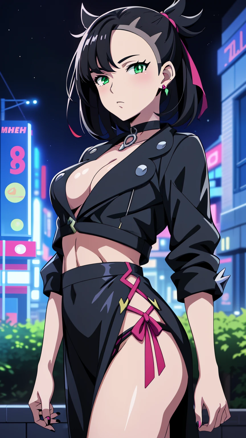 (masterpiece, best quality), (masterpiece, best quality), 1girl, collarbone, looking at viewer, blurry foreground, very detail back ground, upper body, necklace, contemporary, plain pants, ((intricate, print, pattern)), freckles, colorfull hair, night time, night city, city, colorful hair, (underboob), open shoulder, oversize black jacket, 80s anime, tokyo night, (underboob:1.2), black bra, night in city, car, street, food shop, warm tone, ((woman soft face)), zoom out camera, ((show face))