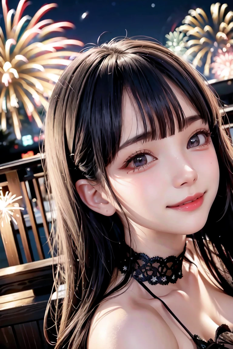 (masutepiece, Best Quality, hight resolution, Ultra-detailed, 8K, 4K), artbook, Anime coloring, nffsw, Illustration , Fantasy, nffsw ,1girl in, Solo, Earring, Choker, The background is Odaiba, Tokyo., Smile, Happy to watch viewers, Fireworks, Stars, Night, Outdoors, (Dutch Angle), close up, Face Focus, Upper body, yoimiya (GenshinImpact)