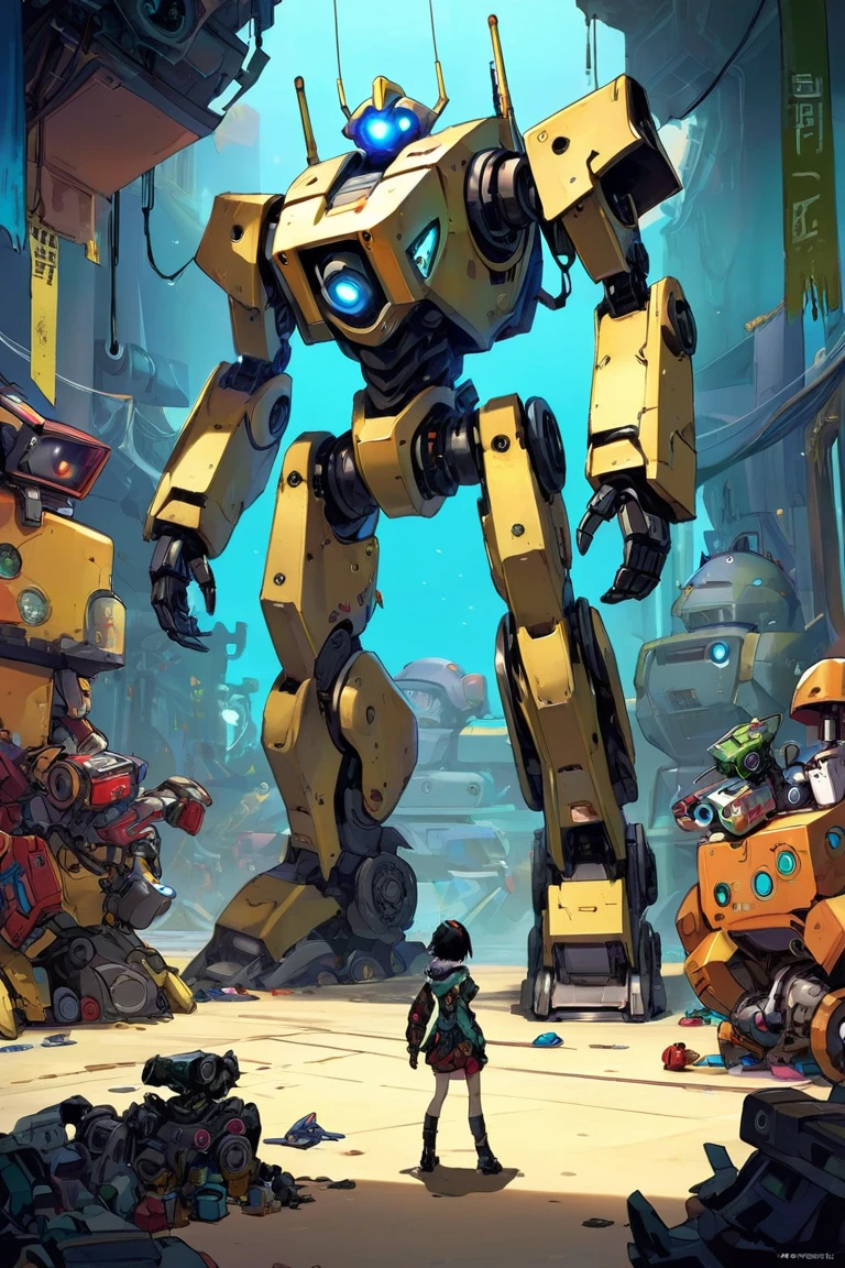 There's a big, broken bear robot with no arms in a room full of toys、The  standing in front of it 、 the  is holding the robot's arm 、 concept art by Android Jones,  Artstation contest winner ,   conceptual art  ,  there is only one robot  on the ground ,  robot monster in the background , Aesthetics of Anime Mecha, Mecha Art, Mechanical Aesthetics,  Glamorous Clothes  , Bastion game ,  indie game concept art ,  Video Game Concept Art 、 very detailed ,  Ultra High Definition, 