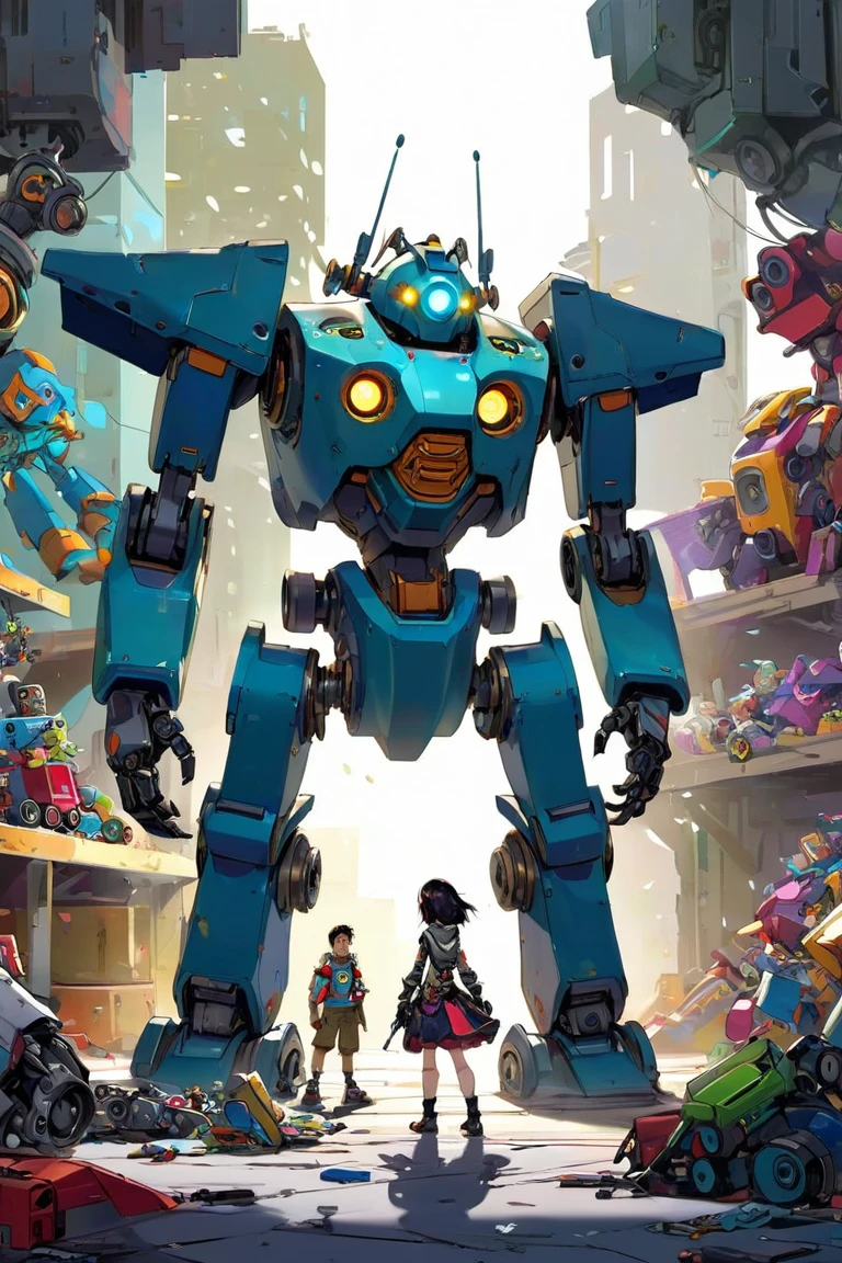 There's a big, broken bear robot with no arms in a room full of toys、The  standing in front of it 、 the  is holding the robot's arm 、 concept art by Android Jones,  Artstation contest winner ,   conceptual art  ,  there is only one robot  on the ground ,  robot monster in the background , Aesthetics of Anime Mecha, Mecha Art, Mechanical Aesthetics,  Glamorous Clothes  , Bastion game ,  indie game concept art ,  Video Game Concept Art 、 very detailed ,  Ultra High Definition, 