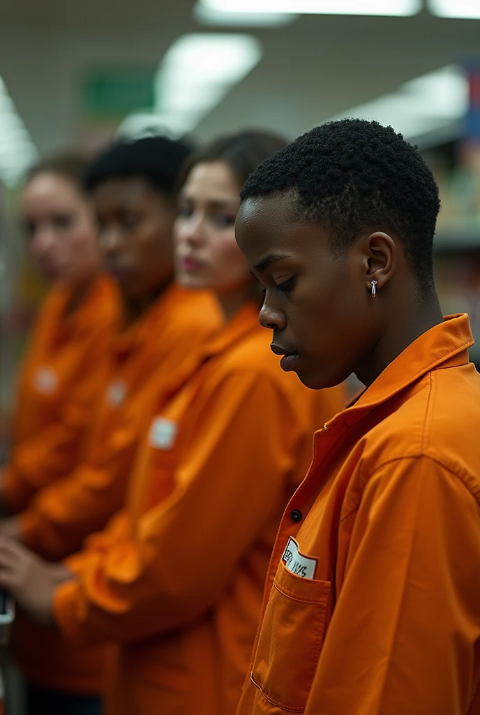 (photorealism:1.2), a tall 50 year old white female prison guard in police uniform, one hand in the pants of a shorter 20 year old topless female black prisoner in orange prison jumpsuit, many female prisoners watching in background, prison setting, high detail, UHD, 4K