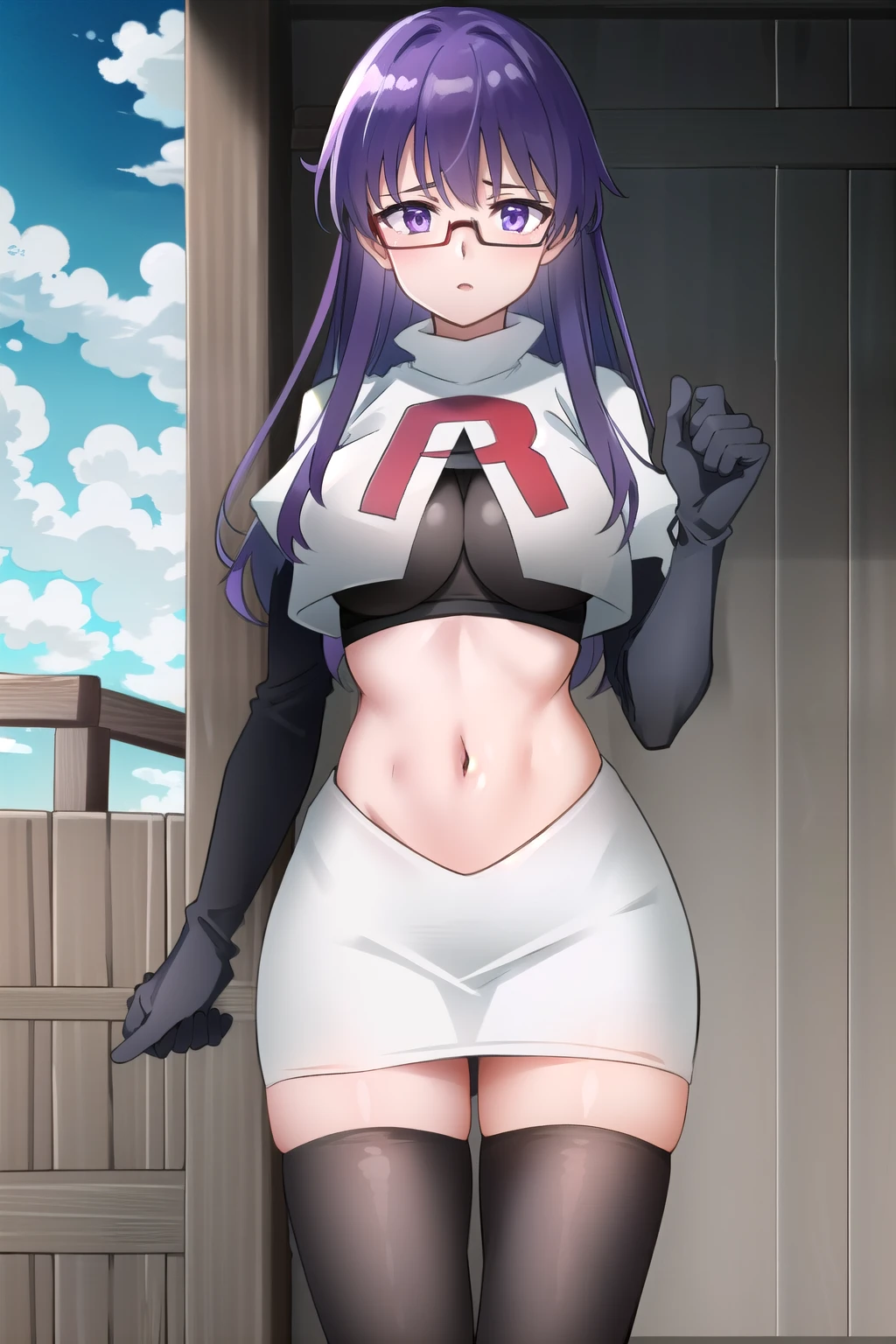 (extremely detailed CG unity 4k wallpaper),(masterpiece),(best quality),(ultra-detailed),(best illustration),(best shadow),(absurdres),(detailed background), Sheele, 1girl, solo, purple hair, glasses, breasts, long hair, purple eyes, large breasts, medium breasts, team rocket,team rocket uniform,white skirt,red letter R,crop top,black thigh-highs,black elbow gloves,,outdoors, 