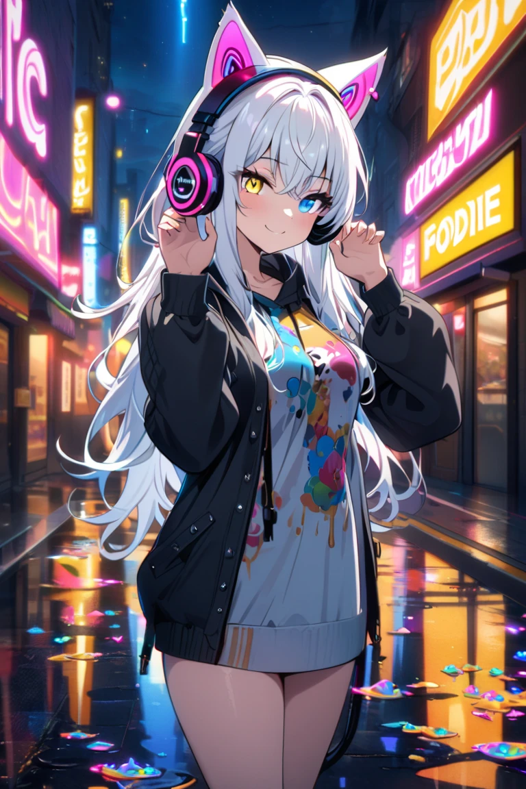 ((Masterpiece)), ((best quality)), (Anime:1.3), (super detail:1.2), (High Definition:1.3), (Professional Photography:1.3), cute young Girl, (Toy Rocket launcher on the shoulder), Glossy unruly hair, (loose swept bangs), (silver ash hair), medium hair, big eyes, (Eye bags:1.3), (Long eyelashes), colorful eyes, (evil smile and blush), Glossy lips, (jagged teeth), farewell, (white hoodie with oversized), (black mini skirt), barearms, cute, (colorful:1.3), gothic makeup, (wearing headphone), neon-lit, pretty, Celtic, maniac, gazing skyward, colorful petals dance around, at street, (from side:1.3),