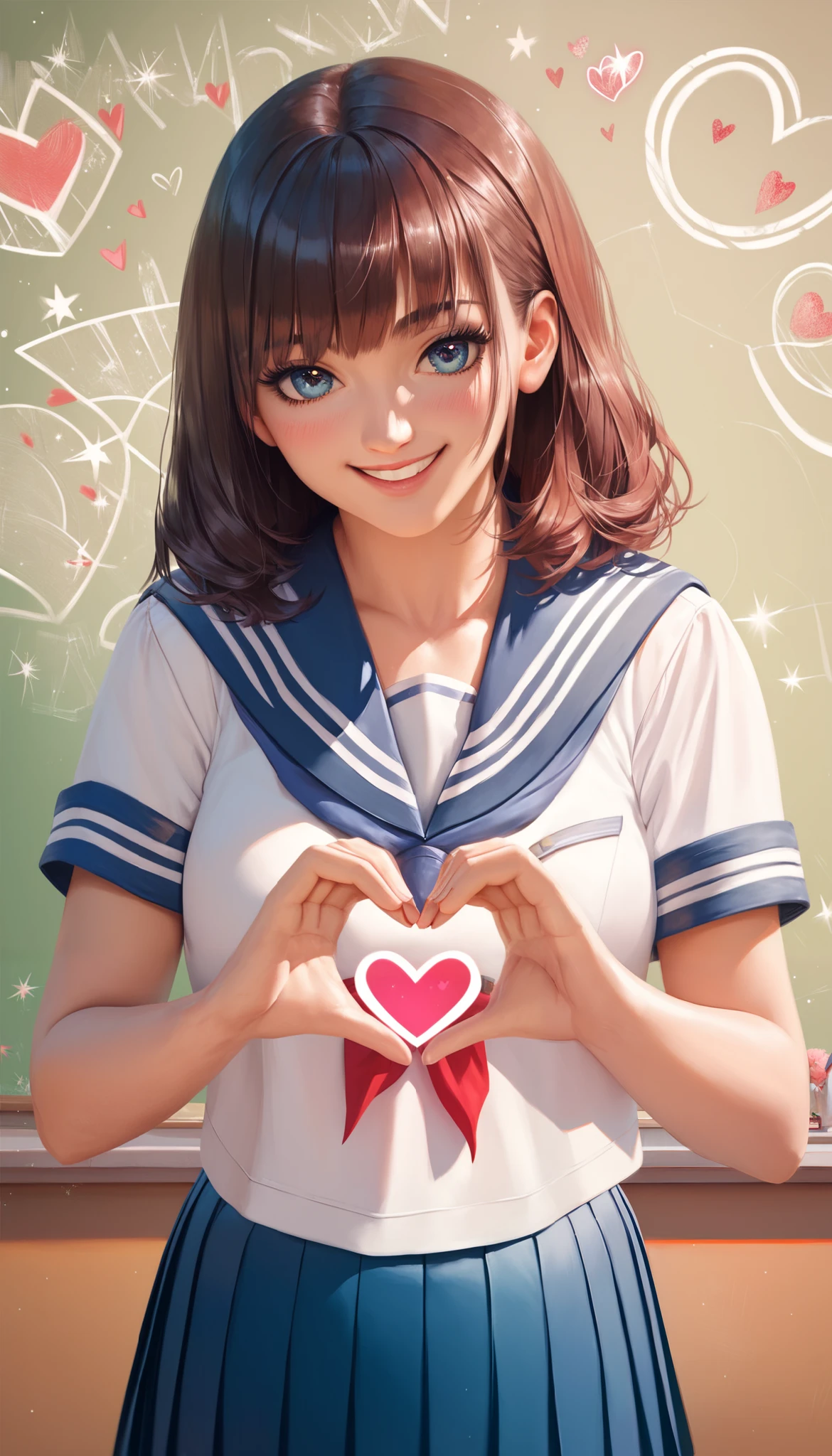 score_9,score_8_up,score_7_up,score_6_up,score_5_up,score_4_up,((masterpiece, good work, best quality)),(illustration),(highly detailed),8K,wallpaper,1 woman,cute face,smiling face,((high school girl)),(((heart hands))),random hairstyle,random pose,beautiful female hands,((pop style)),detailed,((better hands)),(((in the classroom))),((sailor suit and pleated skirt))