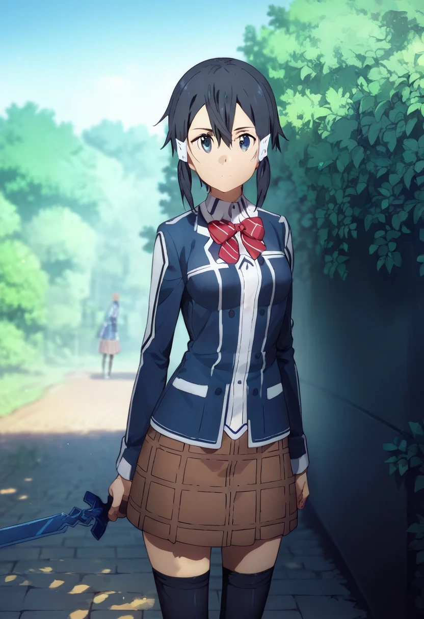 Kirito, Sword art online, Black hair, Black Eyes, girl, medium breasts, red bow, striped bow, blazer, blue jacket, long sleeves, plaid skirt, brown skirt, black thighhighs, outdoors, cowboy shot, standing, looking at viewer,