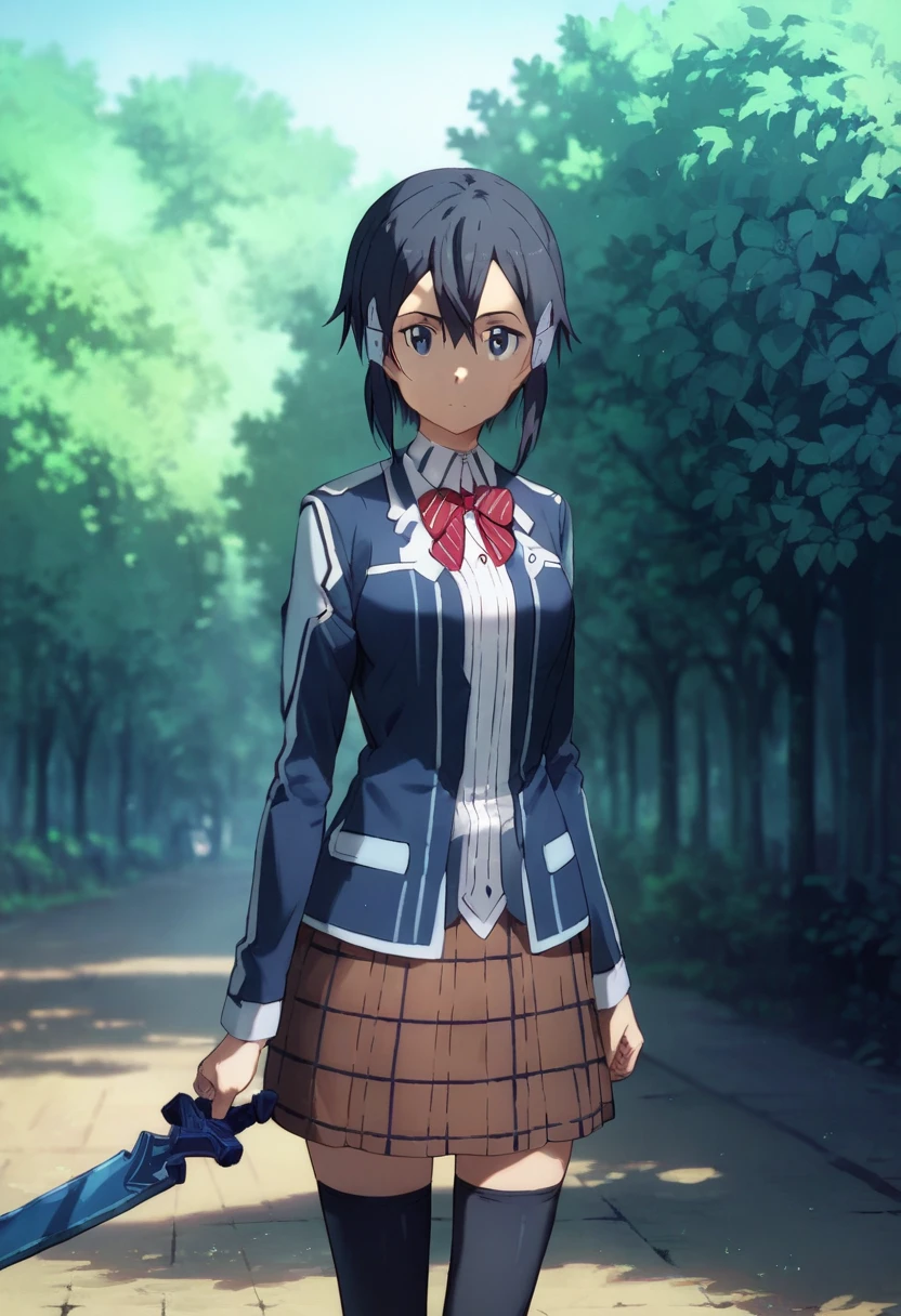 Kirito, Sword art online, Black hair, Black Eyes, girl, medium breasts, red bow, striped bow, blazer, blue jacket, long sleeves, plaid skirt, brown skirt, black thighhighs, outdoors, cowboy shot, standing, looking at viewer,