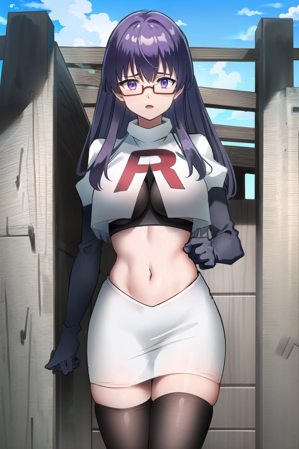 (extremely detailed CG unity 4k wallpaper),(masterpiece),(best quality),(ultra-detailed),(best illustration),(best shadow),(absurdres),(detailed background), Sheele, 1girl, solo, purple hair, glasses, breasts, long hair, purple eyes, large breasts, medium breasts, team rocket,team rocket uniform,white skirt,red letter R,crop top,black thigh-highs,black elbow gloves,,outdoors, 