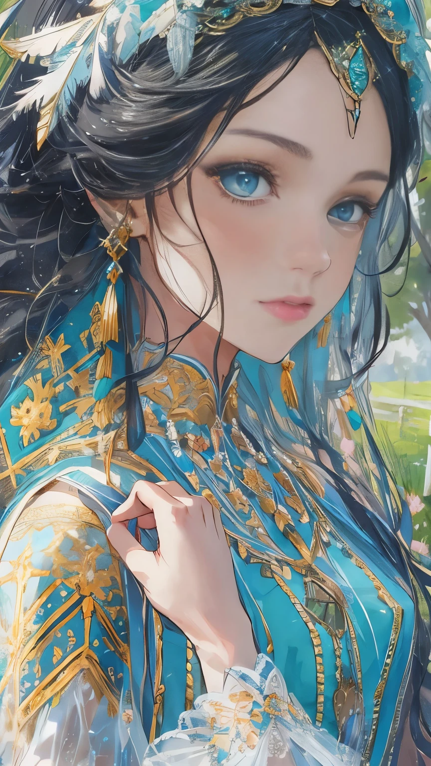 Masterpiece, A girl with long dark black hair, straight and with a clear forehead , with a beautiful face, innocent and turquoise eyes , dressed as an elf princess , light blue dress with ruffles , fine fabrics, headband tiara , pointed ears , medieval fantasy , embroidered details in plain gold , watching feathers that fall from the sky on a meadow