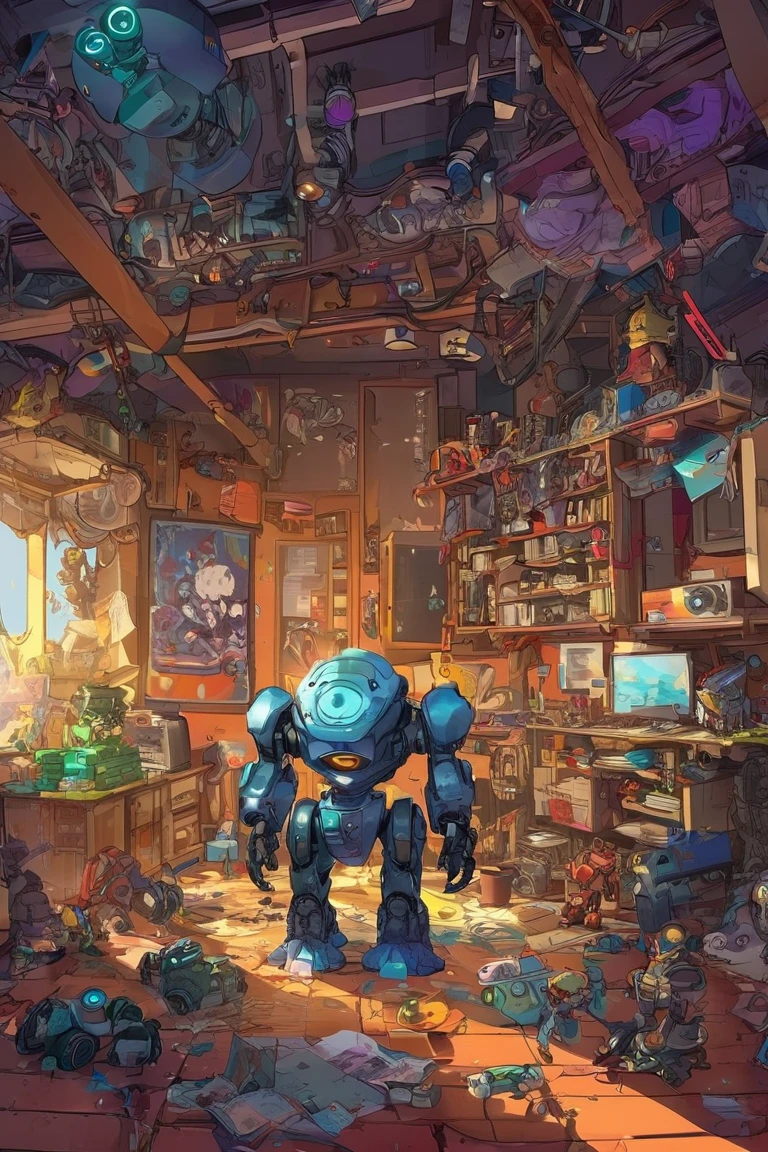 There's a big, broken bear robot with no arms in a room full of toys、The  standing in front of it 、 the  is holding the robot's arm 、 concept art by Android Jones,  Artstation contest winner ,   conceptual art  ,  there is only one robot  on the ground ,  robot monster in the background , Aesthetics of Anime Mecha, Mecha Art, Mechanical Aesthetics,  Glamorous Clothes  , Bastion game ,  indie game concept art ,  Video Game Concept Art 、 very detailed ,  Ultra High Definition, 