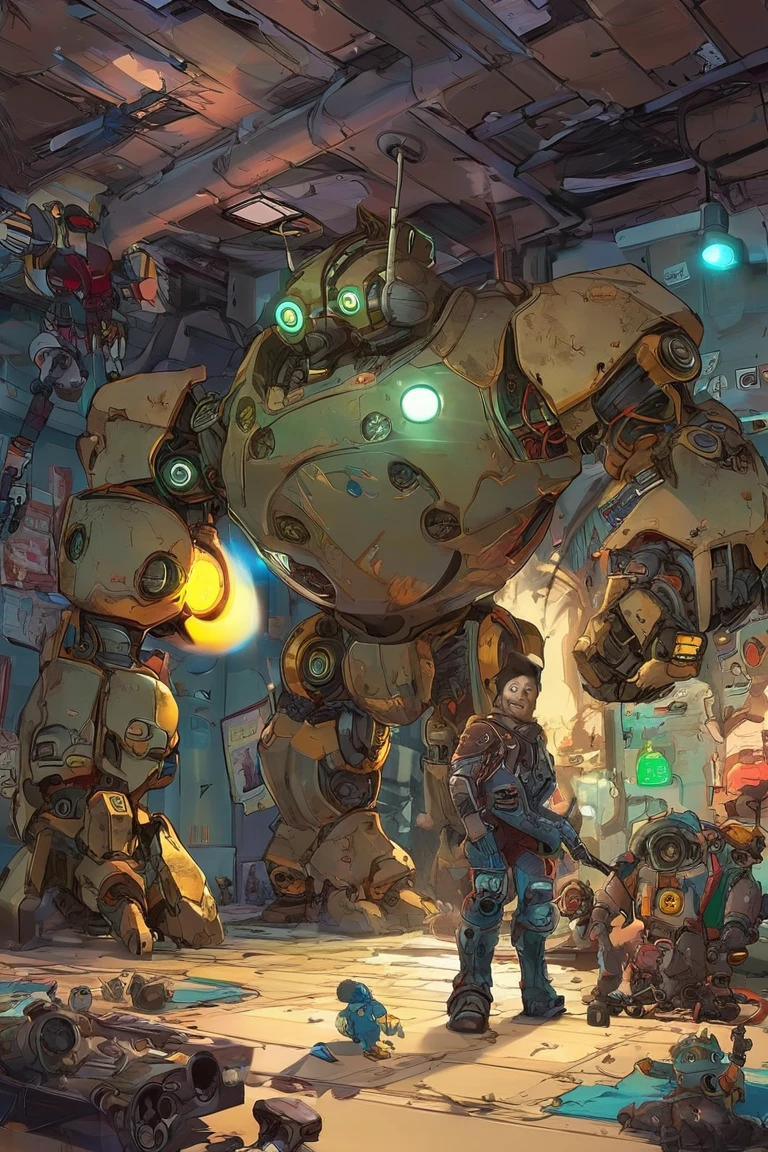 There's a big, broken bear robot with no arms in a room full of toys、The  standing in front of it 、 the  is holding the robot's arm 、 concept art by Android Jones,  Artstation contest winner ,   conceptual art  ,  there is only one robot  on the ground ,  robot monster in the background , Aesthetics of Anime Mecha, Mecha Art, Mechanical Aesthetics,  Glamorous Clothes  , Bastion game ,  indie game concept art ,  Video Game Concept Art 、 very detailed ,  Ultra High Definition, 