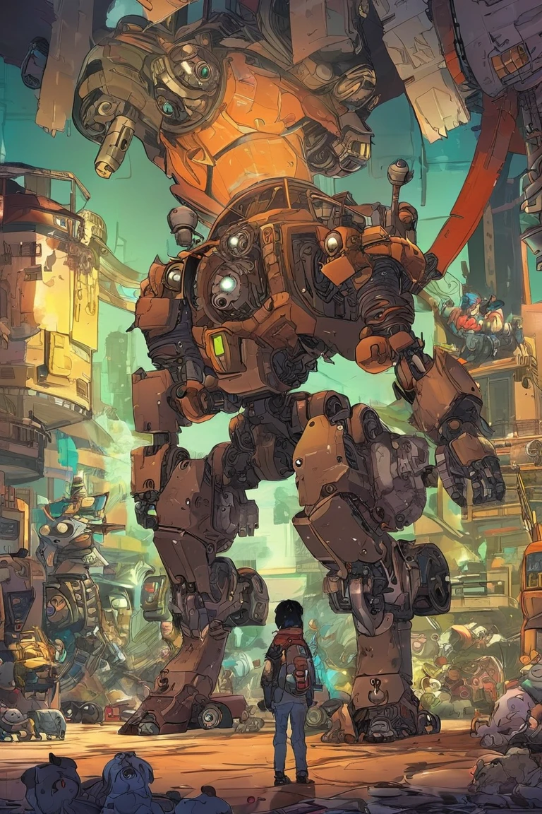 There's a big, broken bear robot with no arms in a room full of toys、The  standing in front of it 、 the  is holding the robot's arm 、 concept art by Android Jones,  Artstation contest winner ,   conceptual art  ,  there is only one robot  on the ground ,  robot monster in the background , Aesthetics of Anime Mecha, Mecha Art, Mechanical Aesthetics,  Glamorous Clothes  , Bastion game ,  indie game concept art ,  Video Game Concept Art 、 very detailed ,  Ultra High Definition, 