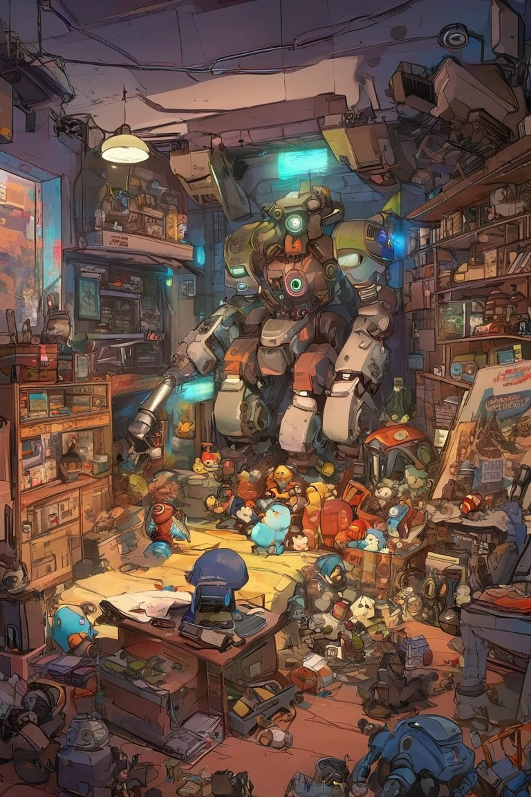 There's a big, broken bear robot with no arms in a room full of toys、The  standing in front of it 、 the  is holding the robot's arm 、 concept art by Android Jones,  Artstation contest winner ,   conceptual art  ,  there is only one robot  on the ground ,  robot monster in the background , Aesthetics of Anime Mecha, Mecha Art, Mechanical Aesthetics,  Glamorous Clothes  , Bastion game ,  indie game concept art ,  Video Game Concept Art 、 very detailed ,  Ultra High Definition, 