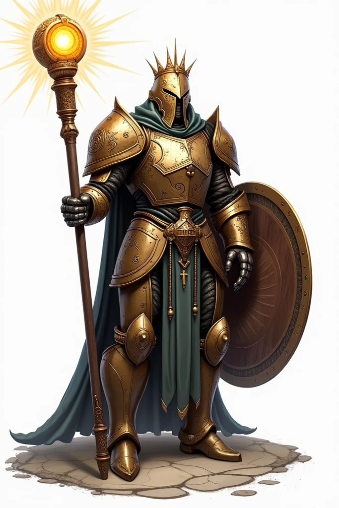 ((best quality)), ((masterpiece)), (detailed), { "prompt": "Design a towering Warforged Cleric of the Forge with a metallic body intricately crafted with fine details. The Warforged carries a scepter adorned with holy runes, and a spiral shield forged from the shell of a giant snail. The character wears a glowing crown. His full plate armor, with protective runes and sacred symbols. Flowing from his shoulders is a Mante of Protection and a hood. Carring an ornate shoulder bag complete the ensemble. art painting semi-realistic white background" }
