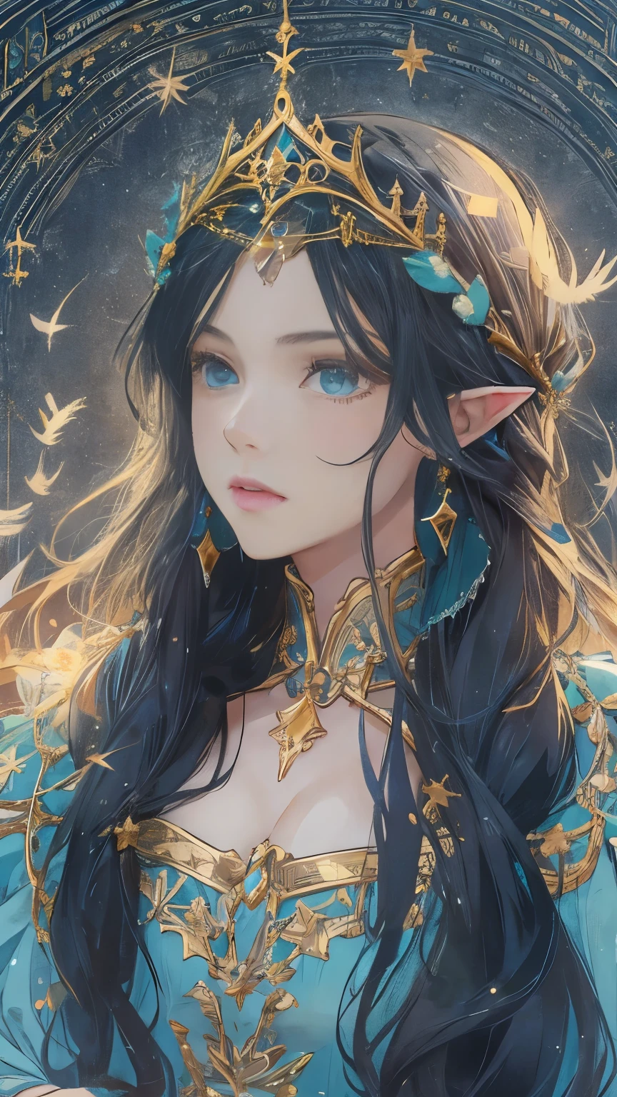 Masterpiece, A girl with long dark black hair, straight and with a clear forehead , with a beautiful face, innocent and turquoise eyes , dressed as an elf princess , light blue dress with ruffles , fine fabrics, headband tiara , pointed ears , medieval fantasy , embroidered details in plain gold , watching feathers that fall from the sky on a meadow