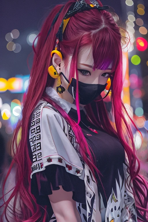 A very black design, even in the dark, you can barely see the color with straight, long orange hair, a very large, pink mouth, large orange eyes, heart-shaped freckles and a very rocker style outfit.