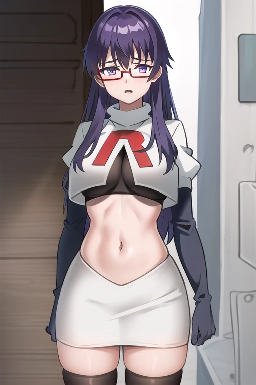 (extremely detailed CG unity 4k wallpaper),(masterpiece),(best quality),(ultra-detailed),(best illustration),(best shadow),(absurdres),(detailed background), Sheele, 1girl, solo, purple hair, glasses, breasts, long hair, purple eyes, large breasts, medium breasts, team rocket,team rocket uniform,white skirt,red letter R,crop top,black thigh-highs,black elbow gloves,,outdoors, 