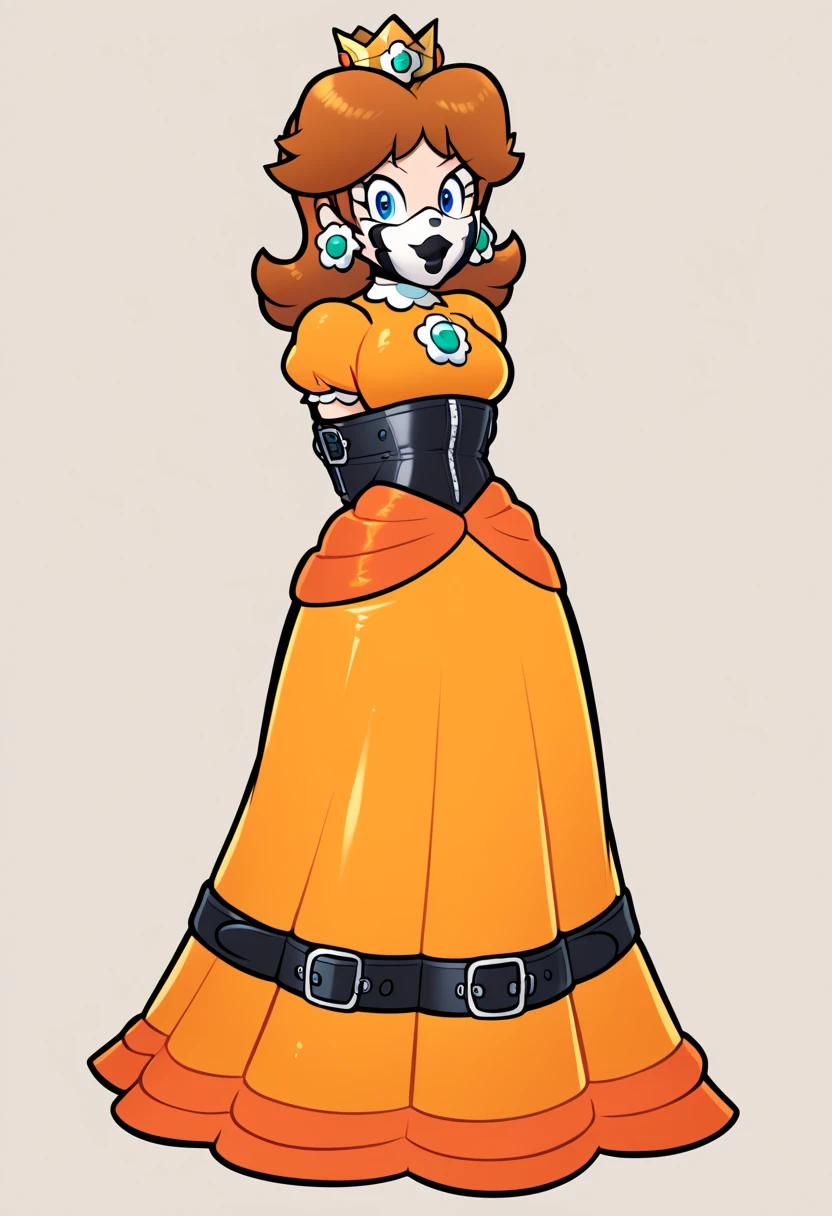 score_9, score_8_up, score_7_up, 1girl, ( (Daisy, princess Daisy from super mario lore, princess Daisy, orange long dress, wearing orange dress, crown), (front view), perfect proportions, simple background, standing, , bound arms, arms behind back, full body, tight mask, wrap mask, (black mask), (armbinder: 1.3),  ) 