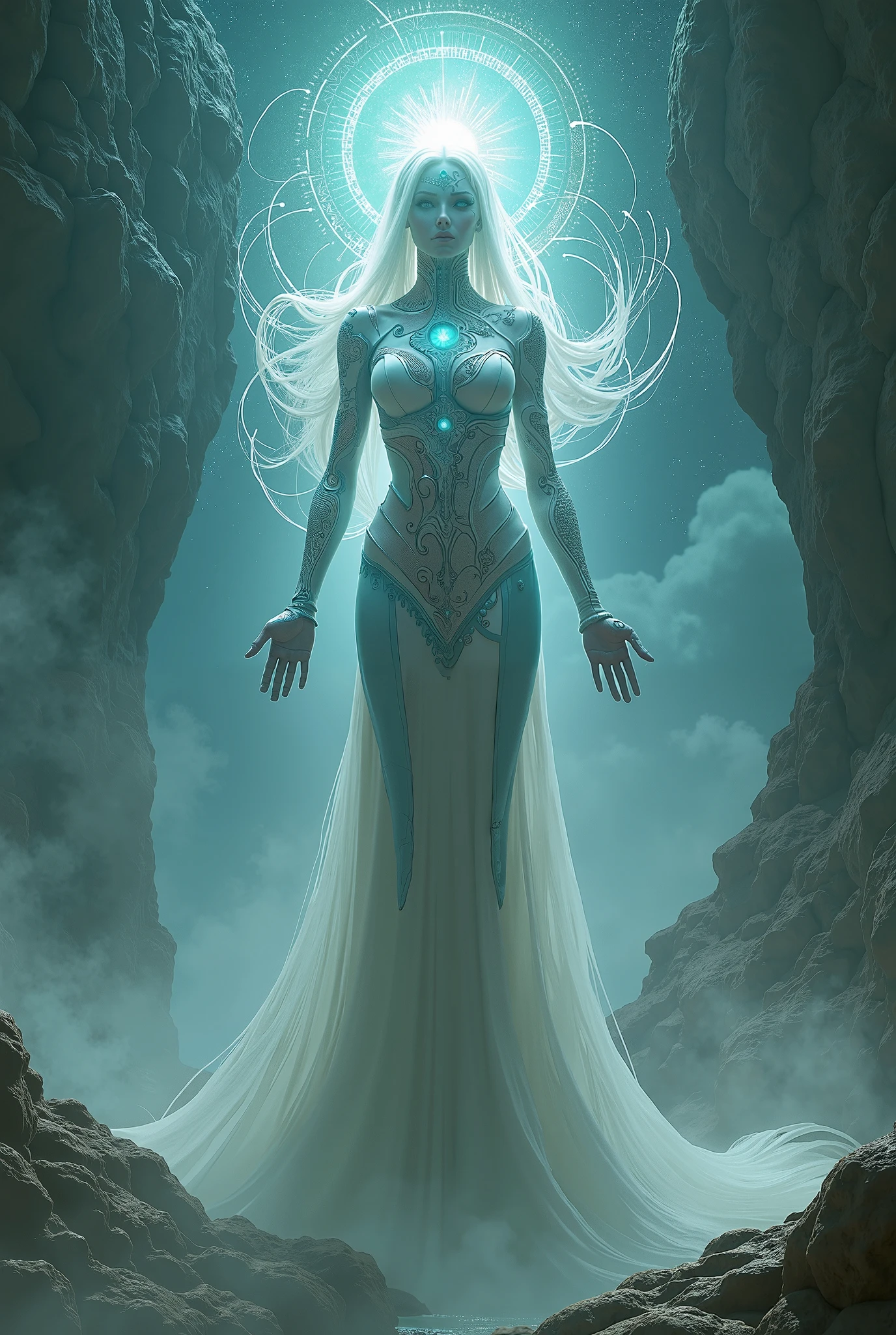 The goddess who descended into the cave, the whole body is shining, detailed white luxury dress, full body shot, Blacklight, giga_busty