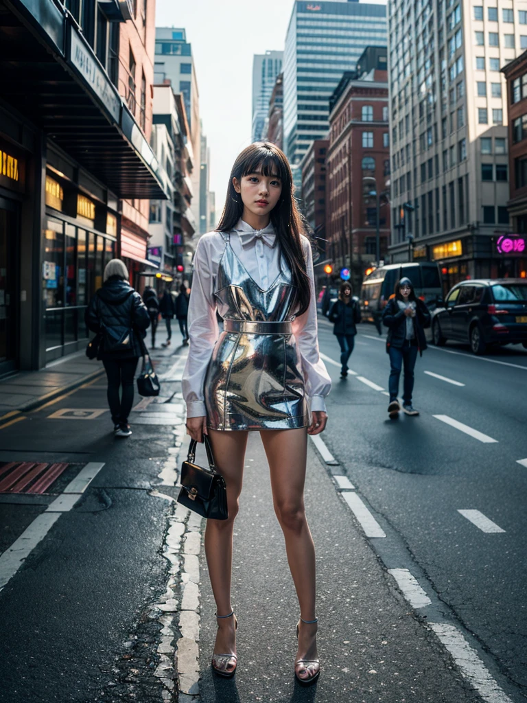 Create a hyper-realistic image of a beautiful woman cosplaying [Furude Rika], with crisp details in her costume and a well-defined urban environment. The woman is wearing a detailed costume, with clear textures in the fabric and metallic accessories reflecting the light. The scene is set in a modern city with illuminated buildings, cars and pedestrians in motion, showing realistic textures and elements. Generate the image in ultra high definition, focusing on edge sharpness and colour accuracy, applying realistic lighting and detailed shadows to increase depth. Use HDR filters to enhance detail and clarity.