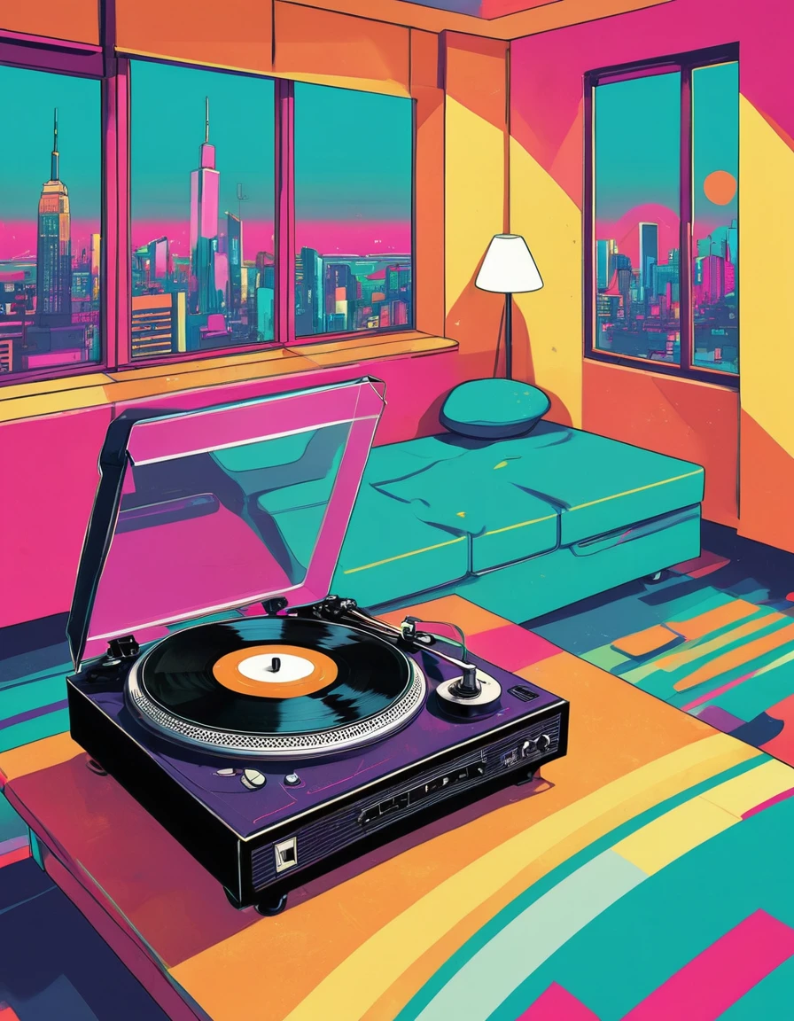 graphic design, Avant-garde pop art. Stylish Retro Illustration of a record player in a room with a city view, Emotional illustrations that can be used in lofi girl, illustration of a girl, Inside the room, Vintage Recorder Retro illustration, Retrowave, Beautiful artwork illustration, very colorful tones