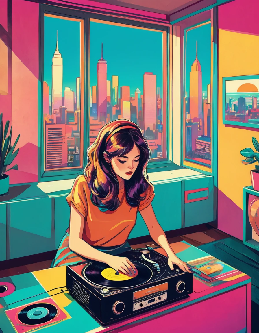 graphic design, Avant-garde pop art. Stylish Retro Illustration of a record player in a room with a city view, Emotional illustrations that can be used in lofi girl, illustration of a girl, Inside the room, Vintage Recorder Retro illustration, Retrowave, Beautiful artwork illustration, very colorful tones