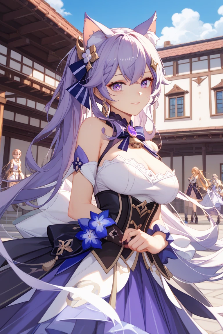 (best quality:1.2), 1girl, (masterpiece:1.2), (semi-realistic:1.2), raytracing, ultra detailed,detailed face, 8k wallpaper, wide hips, KeqingGenshin_NDV, 1girl, purple hair, large breasts, long hair, twintail, purple eyes, pantyhose, cone hair bun, double bun, choker, dress, detached sleeves, frills,  smile, outdoor