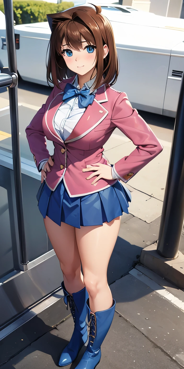 Anime - style woman in a short skirt and jacket posing for a picture ...