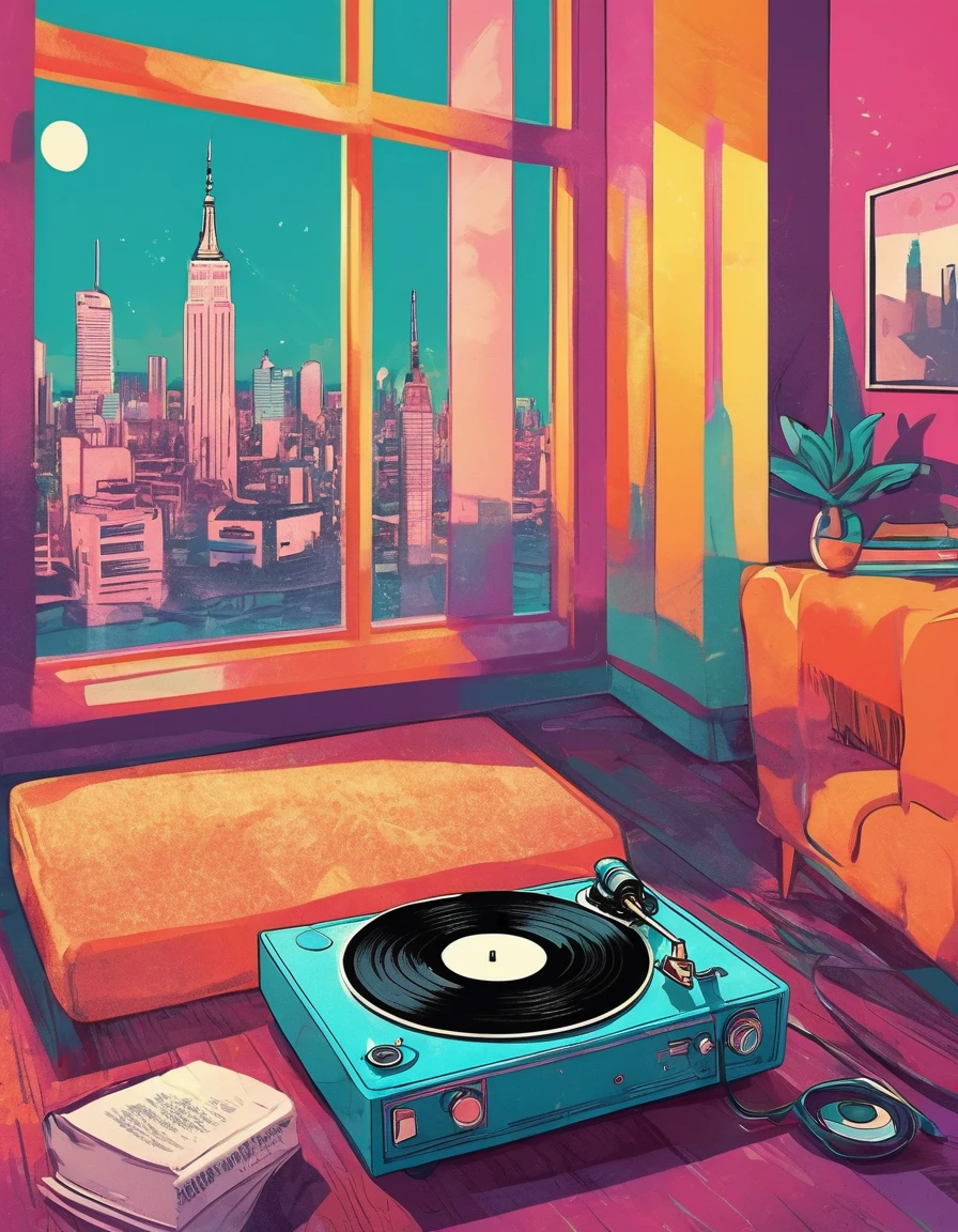 graphic design, Avant-garde pop art. Stylish Retro Illustration of a record player in a room with a city view, Emotional illustrations that can be used in lofi girl, illustration of a girl, Inside the room, Vintage Recorder Retro illustration, Retrowave, Beautiful artwork illustration, very colorful tones