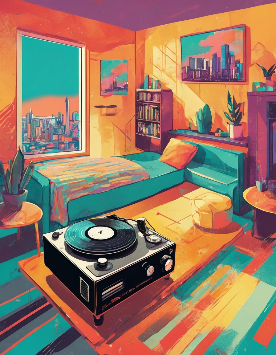 graphic design, Avant-garde pop art. Stylish Retro Illustration of a record player in a room with a city view, Emotional illustrations that can be used in lofi girl, illustration of a girl, Inside the room, Vintage Recorder Retro illustration, Retrowave, Beautiful artwork illustration, very colorful tones