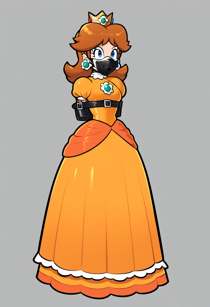 score_9, score_8_up, score_7_up, 1girl, ( (Daisy, princess Daisy from super mario lore, princess Daisy, orange long dress, wearing orange dress, crown), (front view), perfect proportions, simple background, standing, , bound arms, arms behind back, full body, tight mask, , (black mask), (armbinder: 1.3),  ) 