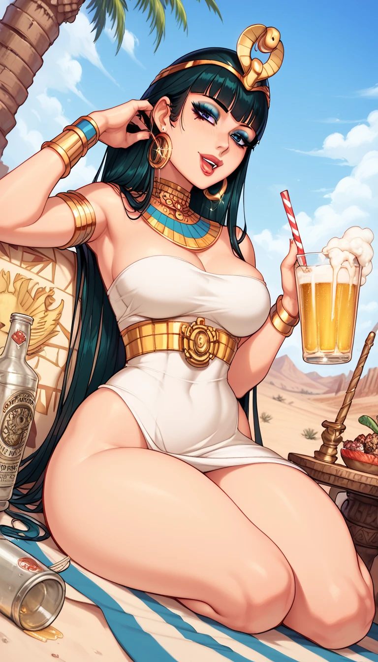 masterpiece,  superior quality ,   imagine Cleopatra at the height of beauty,Sexy sitting, arrogant expression,lindos olhos detaileds, thick thighs ,Drink a beer  ,makeup,sexy Egyptian dress ,exposed thighs,perfect anatomy, sitting on a colorful carpet ,in the desert, detailed ,  Dutch Angle ,