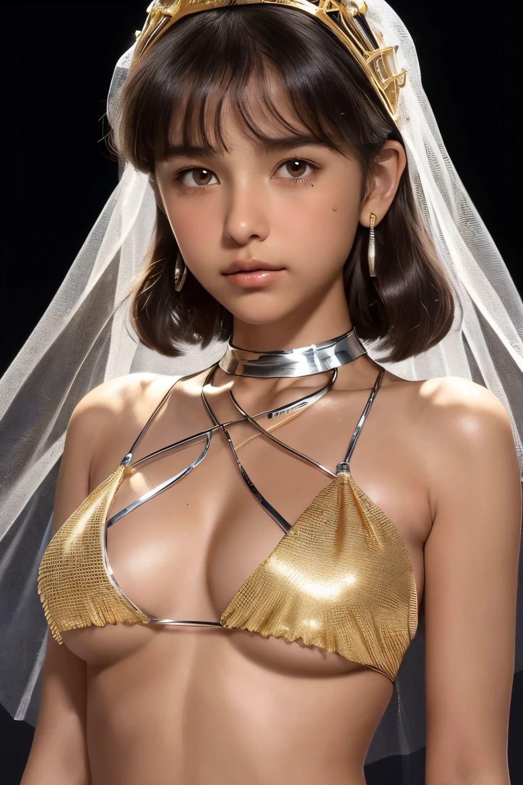best quality, masterpiece, young french girl, (yo:1.4), ((tanned skin)), (silhouette lighting:1.3), (upper body:1.5), medium hair with bangs, large breast, hourglass figure, oily skin, (gold silk bikini with silver accents:1.2), (underboob:1.4), ((tiara, face veil), hands down, arabic shopping street at dusk