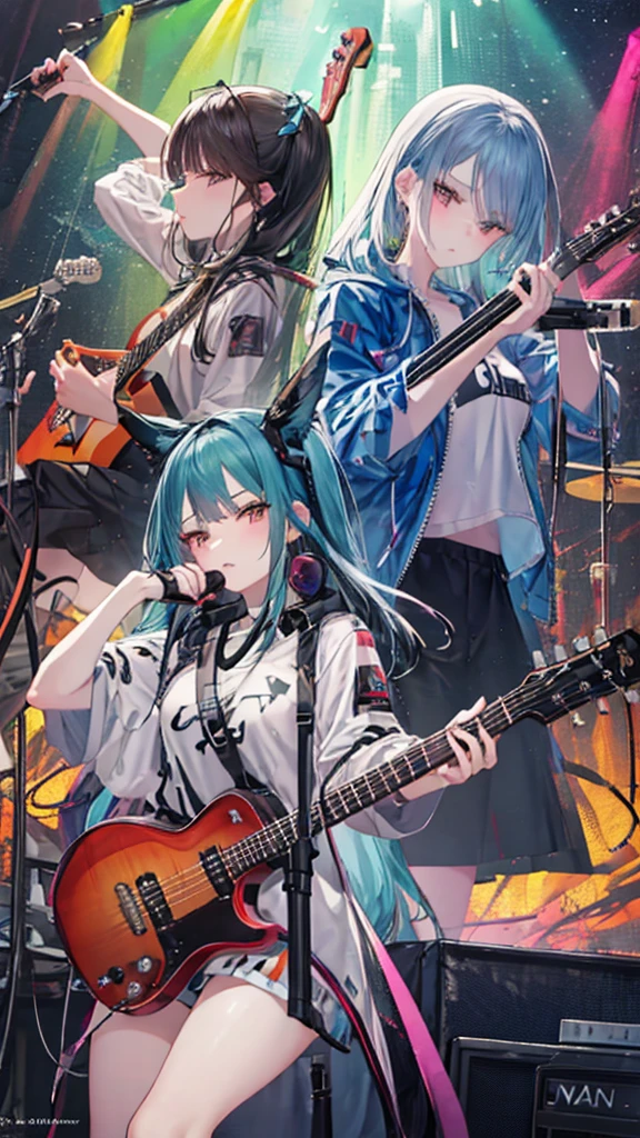 Two anime girls with guitars and microphones at a concert, Nightcore, from  Arknights, Girls Frontline Style,  anime cover ,  Arknights, artwork in the style of Gwaiz, Gwaiz,  trending on pixiv , Gwaiz on pixiv artstation,  trending on ArtStation and Pixiv ,  Best Anime 4K Kona-chan Wallpaper 